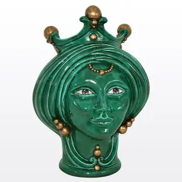 Green & gold Sicilian Moorish head featuring a female character. It is handcrafted in Caltagirone, Italy.