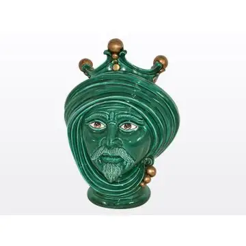 Green & gold Sicilian Moorish head featuring a male character. It is handcrafted in Caltagirone, Italy.