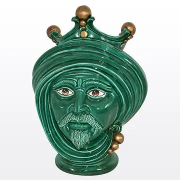 Green & gold Sicilian Moorish head featuring a male character. It is handcrafted in Caltagirone, Italy.