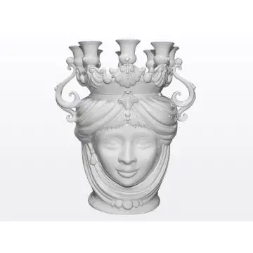 White Sicilian Moorish head with candelabra featuring a female character. It is handcrafted in Caltagirone, Italy.