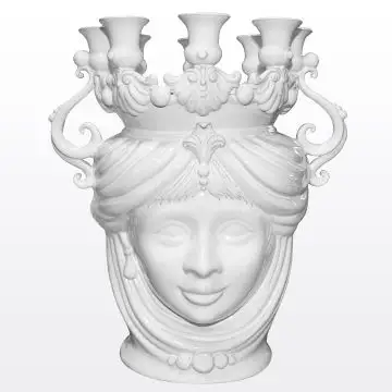 White Sicilian Moorish head with candelabra featuring a female character. It is handcrafted in Caltagirone, Italy.