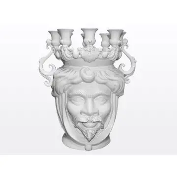 White Sicilian Moorish head with candelabra featuring a male character. It is handcrafted in Caltagirone, Italy.