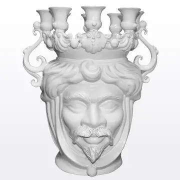 White Sicilian Moorish head with candelabra featuring a male character. It is handcrafted in Caltagirone, Italy.