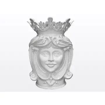 Tall, white Sicilian Moorish head featuring a female character. It is handcrafted in Caltagirone, Italy.
