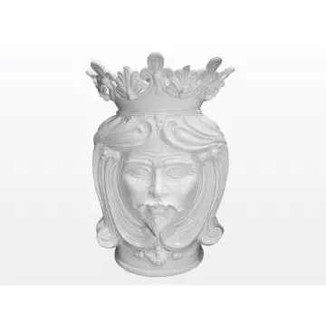 Tall, white Sicilian Moorish head featuring a male character. It is handcrafted in Caltagirone, Italy.