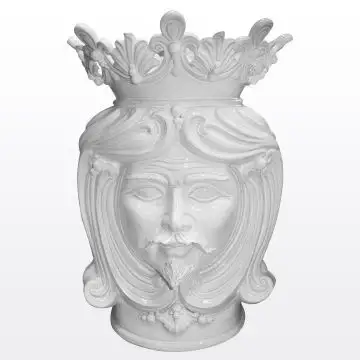 Tall, white Sicilian Moorish head featuring a male character. It is handcrafted in Caltagirone, Italy.
