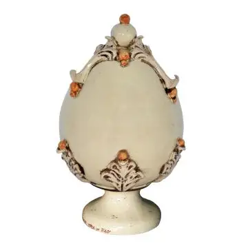 Ivory & yellow footed ceramic egg by Ceramiche Sofia handcrafted in Caltagirone - Italy