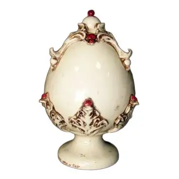 Ivory & red footed ceramic egg by Ceramiche Sofia handcrafted in Caltagirone - Italy