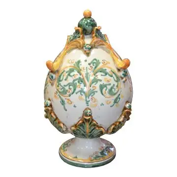 Sicilian green footed ceramic egg by Ceramiche Sofia handcrafted in Caltagirone - Italy