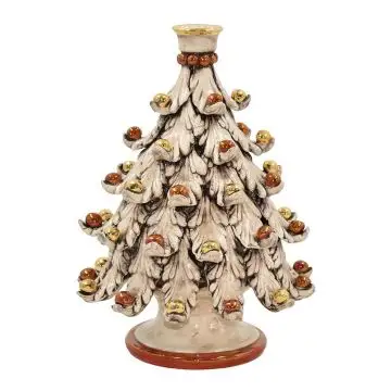 Mother-of-pearl ceramic Christmas tree with red and gold baubles with a candle holder. It is handcrafted in Caltagirone, Sicily. Handmade in Italy.