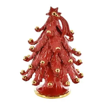 Red ceramic Christmas tree with gold baubles. It is handcrafted in Caltagirone, Sicily. Handmade in Italy.