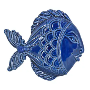 A large Italian plaque featuring a blue fish. The plaque is carefully handmade in Caltagirone Sicily, Italy