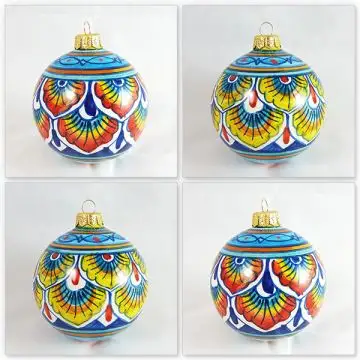 Set of 4 Christmas baubles in various geometric patterns. Handpainted in Deruta, Italy by D&G Design