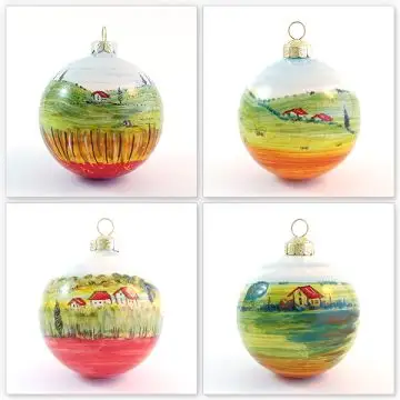 Set of 4 Christmas baubles in the Umbria design. Hand-painted by D&G Design in Deruta, Italy