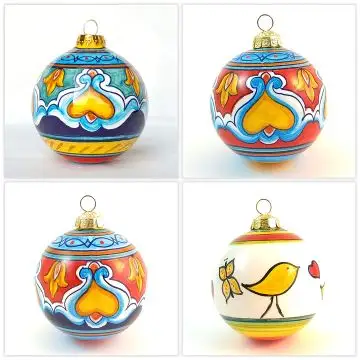 Set of 4 Christmas baubles in various geometric patterns. Handpainted in Deruta, Italy by D&G Design