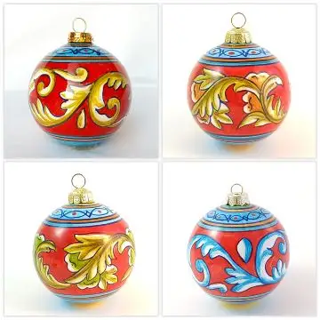 Set of 4 Christmas baubles in various geometric patterns. Handpainted in Deruta, Italy by D&G Design