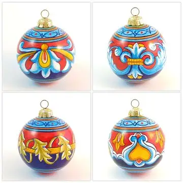 Set of 4 Christmas baubles in various geometric patterns. Handpainted in Deruta, Italy by D&G Design