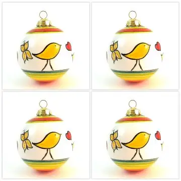 Set of 4 Christmas baubles in various geometric patterns. Handpainted in Deruta, Italy by D&G Design
