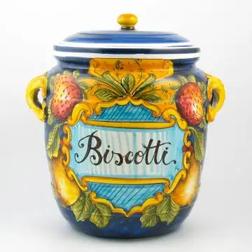 Tuscan cookie jar from the Frutti Blu collection featuring fruit and leaves on a blue background, handmade by Ima in Montelupo Fiorentino - Italy