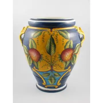 Tuscan umbrella stand from the Frutti Blu collection featuring fruit and leaves on a blue background, handmade by Ima in Montelupo Fiorentino - Italy