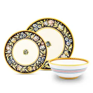 Handmade Italian 3-piece place setting Floreale: dinner plate, salad & dessert plate, cereal bowl. Deruta, Italy