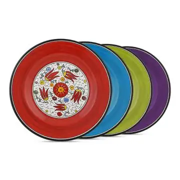 Handmade Italian set of 4 dinner plates from the Flora Deruta collection: azur, red, pea and violet. Deruta, Italy