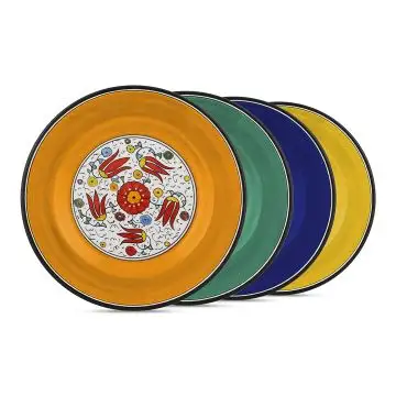 Handmade Italian set of 4 dinner plates from the Flora Deruta collection. Deruta, Italy