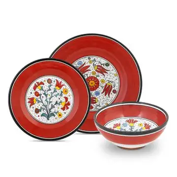 Handmade Italian 3-piece place setting Flora: dinner plate, salad & dessert plate, cereal bowl. Deruta, Italy