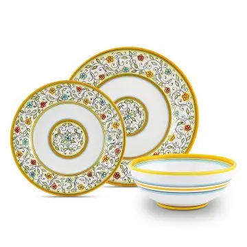 Handmade Italian 3-piece place setting Floreale: dinner plate, salad & dessert plate, cereal bowl. Deruta, Italy