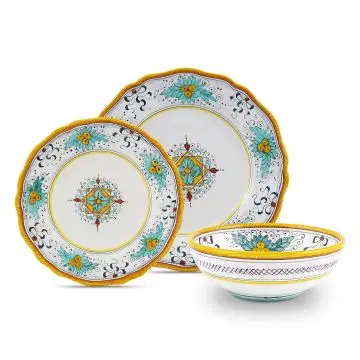 Handmade Italian 3-piece place setting Festone: dinner plate, salad & dessert plate, cereal bowl. Deruta, Italy