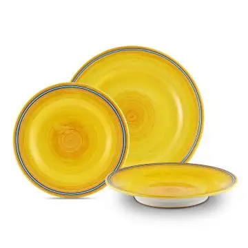 Handmade Italian 3-piece place setting Giallo Azzurro: dinner plate, salad & dessert plate, cereal bowl. Deruta, Italy