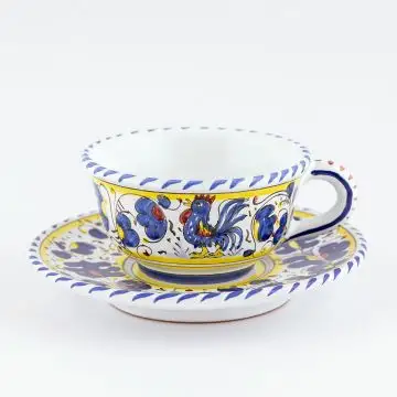 Deruta tea cup and saucer from the Galletto Blu collection, handmade by Antica Deruta - Italy