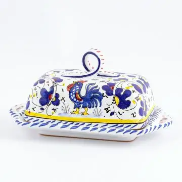 Deruta butter dish from the Galletto Blu collection, handmade by Antica Deruta - Italy