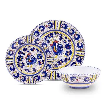 Handmade Italian 3-piece place setting Galletto Blu: dinner plate, salad & dessert plate, cereal bowl. Deruta, Italy