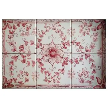 Italian tile panel Pink Flowers hand-painted by Ghenos in Messina, Sicily