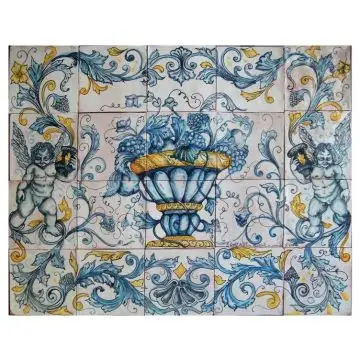 Italian tile panel Pink Angels with Fruit hand-painted by Ghenos in Messina, Sicily