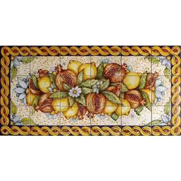 Italian backsplash panel Pomegranate hand-painted by Ghenos in Messina, Sicily