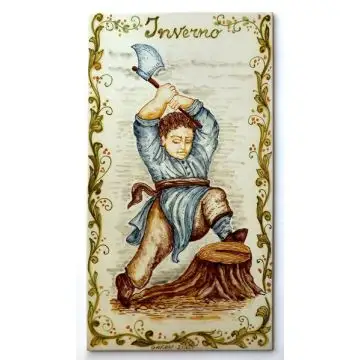 Italian wall tile plaque Four seasons Winter hand-painted by Ghenos in Messina, Sicily