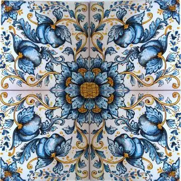 Italian modular tile panel Blue Lemons hand-painted by Ghenos in Messina, Sicily