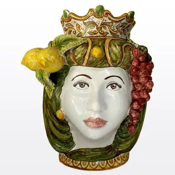 Sicilian ceramic Moorish head Lady with lemons handmade by Ghenos