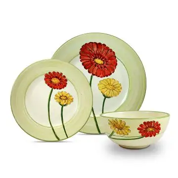 Handmade Italian 3-piece place setting Giardino Italiano with gerberas: dinner plate, salad & dessert plate, cereal bowl. Gubbio, Italy