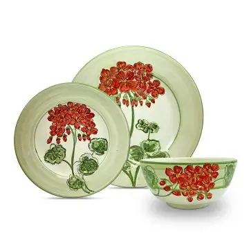 Handmade Italian 3-piece place setting Giardino Italiano with pelargoniums: dinner plate, salad & dessert plate, cereal bowl. Gubbio, Italy