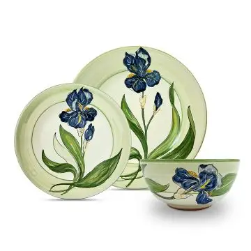 Handmade Italian 3-piece place setting Giardino Italiano with blue irises: dinner plate, salad & dessert plate, cereal bowl. Gubbio, Italy
