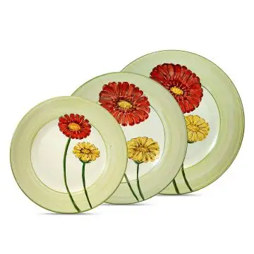 Handmade Italian 3-piece place setting Giardino Italiano with red and golden gerberas: dinner plate, pasta plate, salad & dessert plate. Gubbio, Italy