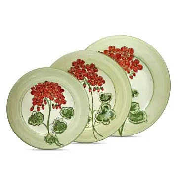 Handmade Italian 3-piece place setting Giardino Italiano with red pelargoniums: dinner plate, pasta plate, salad & dessert plate. Gubbio, Italy