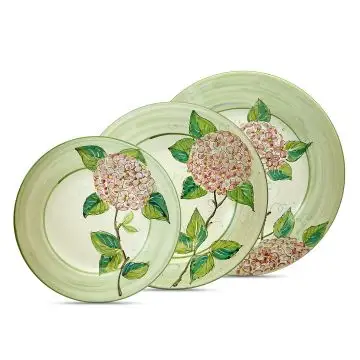Handmade Italian 3-piece place setting Giardino Italiano with pink hydrangeas: dinner plate, pasta plate, salad & dessert plate. Gubbio, Italy