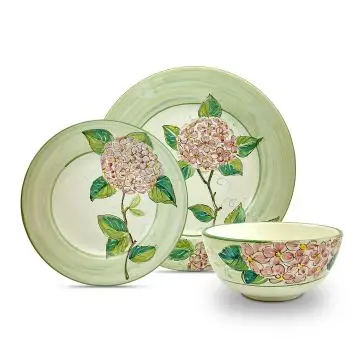 Handmade Italian 3-piece place setting Giardino Italiano with pink hydrangeas: dinner plate, salad & dessert plate, cereal bowl. Gubbio, Italy