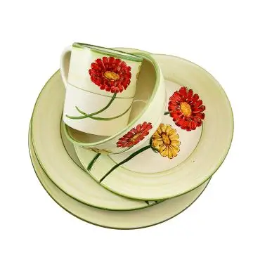 Handmade Italian 5-piece place setting Giardino Italiano with red and golden gerberas: dinner plate, pasta plate, salad & dessert plate, cereal bowl and mug. Gubbio, Italy