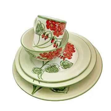Handmade Italian 5-piece place setting Giardino Italiano with red pelargoniums: dinner plate, pasta plate, salad & dessert plate, cereal bowl and mug. Gubbio, Italy