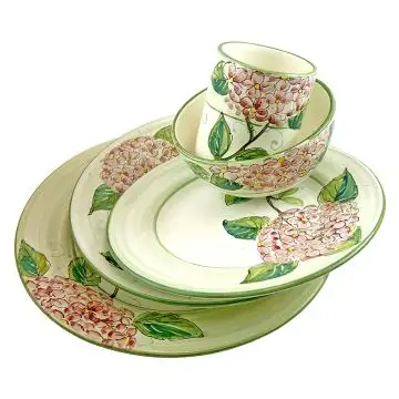 Handmade Italian 5-piece place setting Giardino Italiano with pink hydrangeas: dinner plate, pasta plate, salad & dessert plate, cereal bowl and mug. Gubbio, Italy
